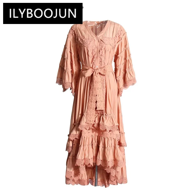 

ILYBOOJUN Solid Elegant Dresses For Women V Neck Half Sleeve High Waist Spliced Lace Up Loose Hollow Out Midi Dress Female