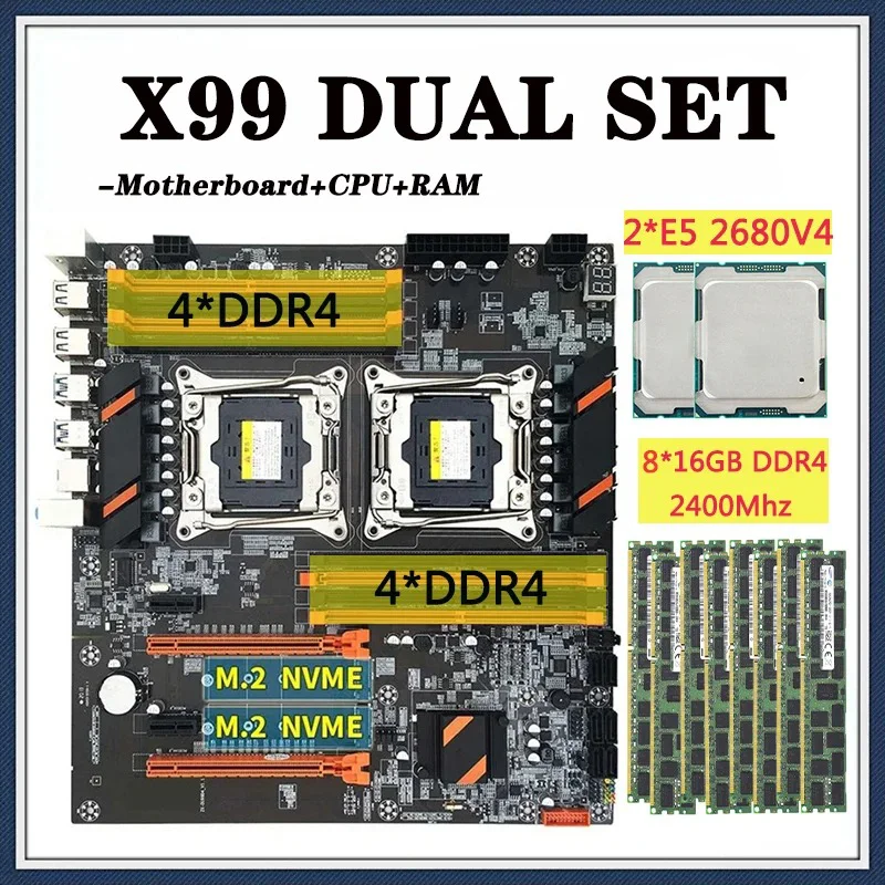 

X99 Dual Motherboard Set With 2*E5 2680 V4 CPU 8*16GB=128GB DDR4 Ram 2400mhz Support USB3.0 SATA3 M.2 X99 Sever Combo