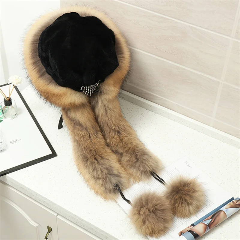 

Russia's New Winter Ladies Natural Real Fox Fur Hat Knitted Warm Hat Women's Windproof Snowproof 100% Rex Rabbit Fur Ear Hat