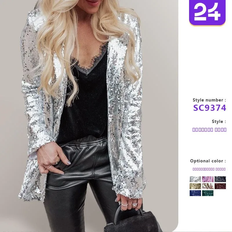 

Faionable Multi-Color Sequin Long Sve Small Suit Jaet Women's Ele Outerwear Spring 2025 Sli Workwear