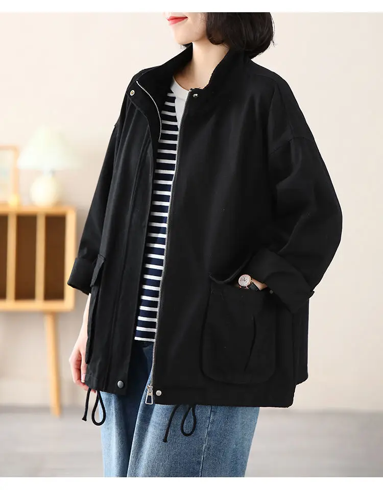 Autumn Winter Women Solid Casual Solid Lapel Coat Cardigan Sweatshirt Loose Student Tees Retro Pocket