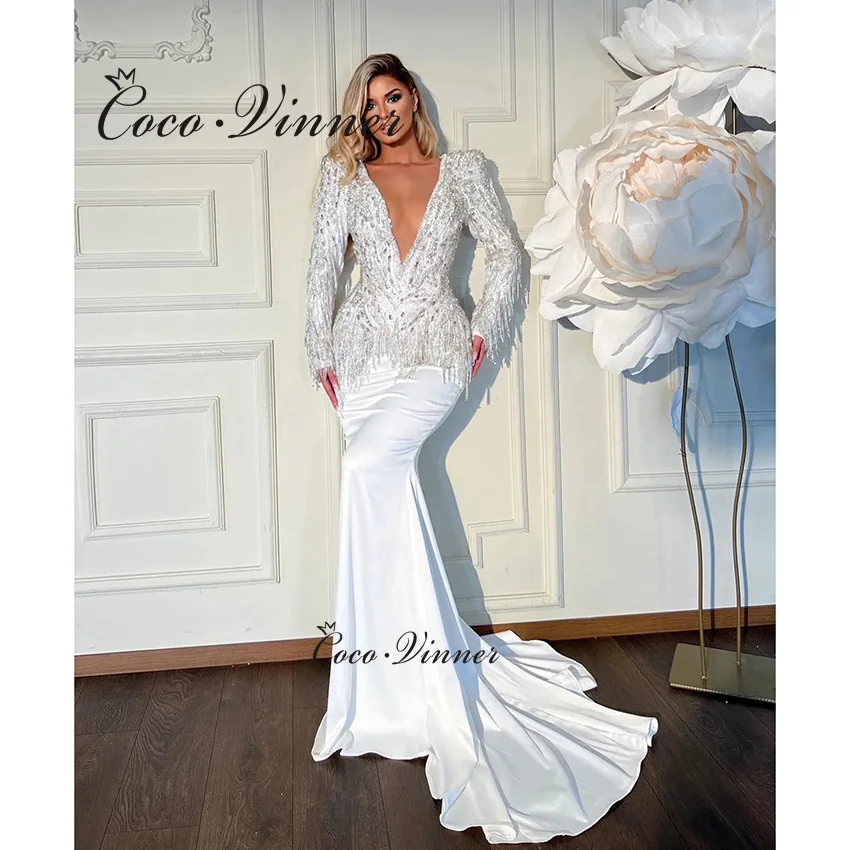 تخصيص كامل الأكمام مثير الخامس الرقبة حورية البحر فستان الزفاف 2025 الثقيلة الديكور كريستال شرابة الساتان فستان الزفاف حورية البحر W1459