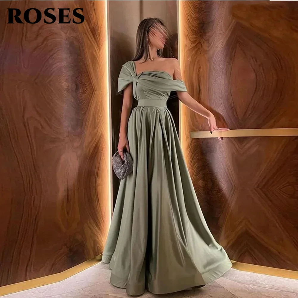 ROSES-Robe de soirée en satin vert olive avec plis, robe de soirée A-ligne, longueur au sol, gracieuse, hors de l'initiative, robe de Rh