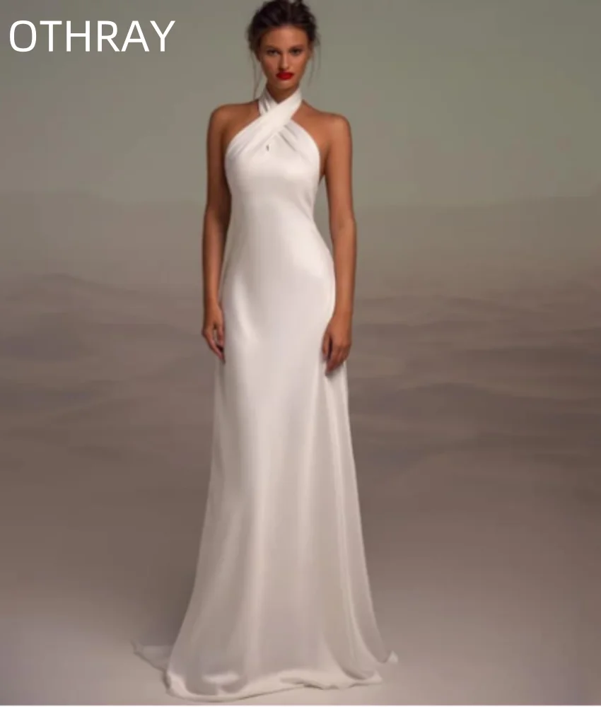 Sexy Backless A-Line Floor Length Gown Civil Bride Beach Wedding Party Dress for Bridal Fashion High Neck Halter Wedding Dresses