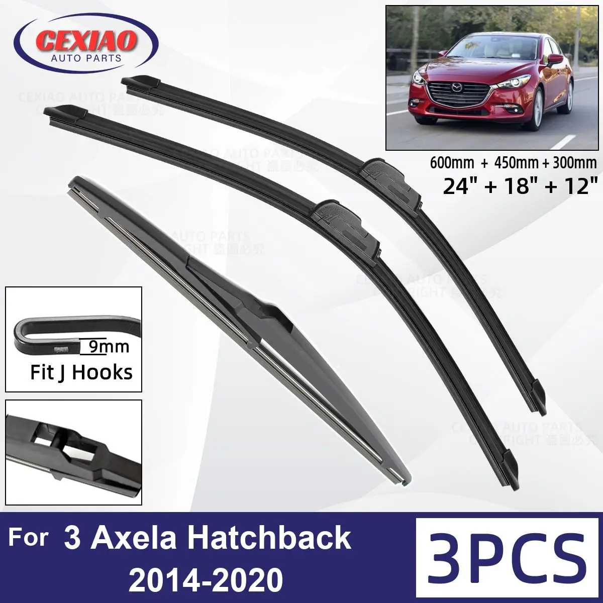 

For Mazda 3 Axela Hatchback 2014-2020 Car Front Rear Wiper Blades Soft Rubber Windscreen Wipers Auto Windshield 24"+18"+12" 2019