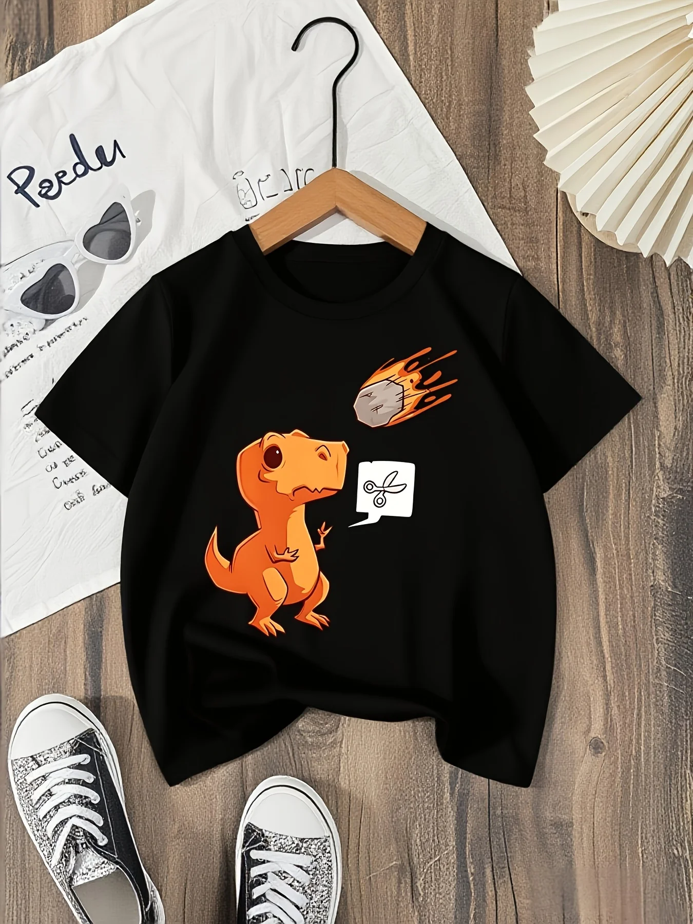 Cute Orange T Rex Dinosaur And Meteor Print T Shirt Boys Girls Funny Dino Short Sleeve Tee Family Matching Kids Cotton Tops