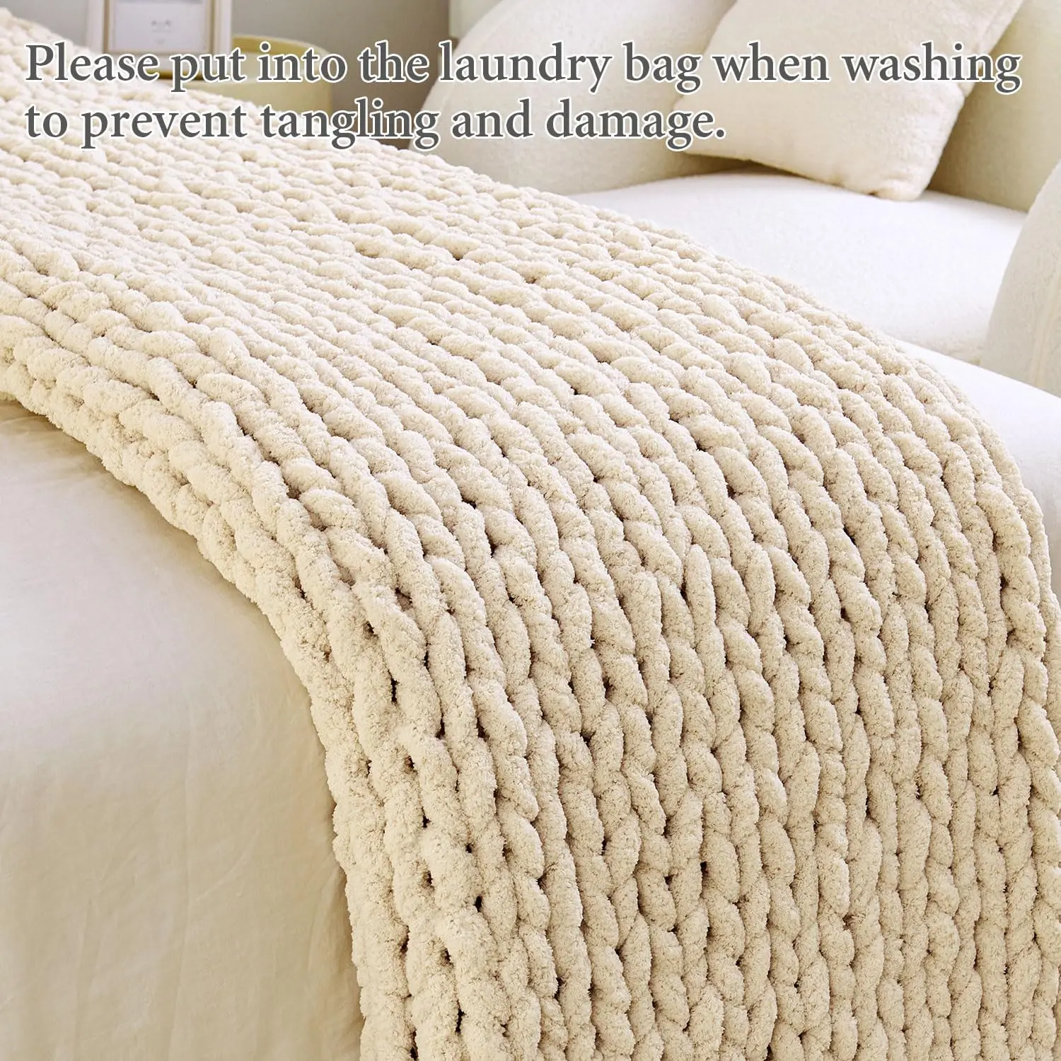 Chunky Knit Blanket Throw 51x63, Hand-Knit Chenille Sofa & Home Decor, Soft Cozy Ivory