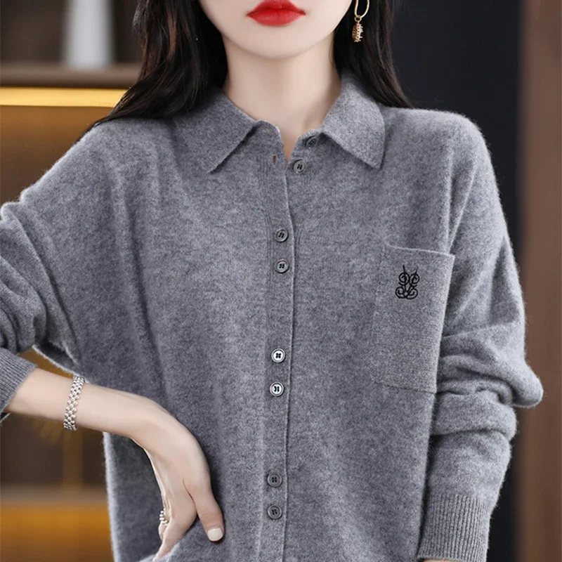 Women 100% Wool Cardigan Polo Collar Embroidery Fashion Colors Knitted Loose Shirt Sweaters Solid Pure Merino Spring Autumn New