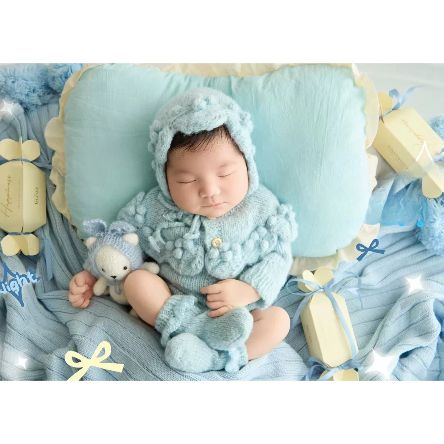 Newborn Photo Props for Baby Photoshoot Blue Theme Set Handmade Outfit Cute Doll Blanket Sugar Decors for Studio Photography