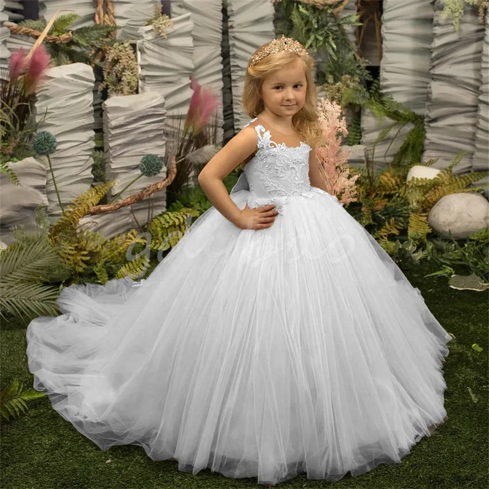 Elegant Tulle Flower Girl Dresses for Wedding 2024 Toddlers Princess Pageant Party Dress Lace Appliques Kid First Communion Gown