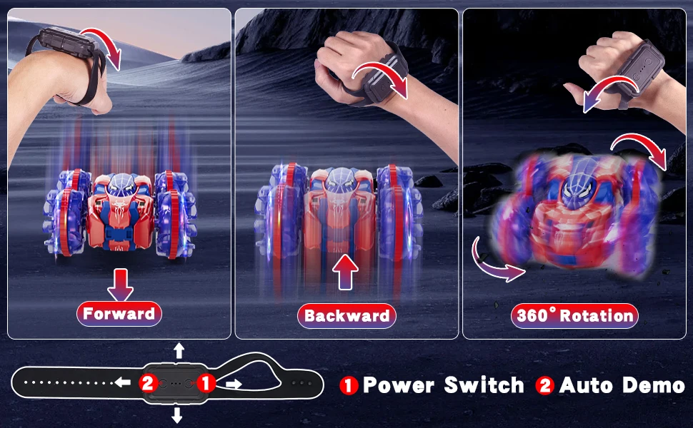 Gestenerkennungs-RC-Stunt-Auto, 360 Grad drehbar, amphibische Handgeste, ferngesteuertes Auto mit Lichtern für Kinder und Jungen, Rot