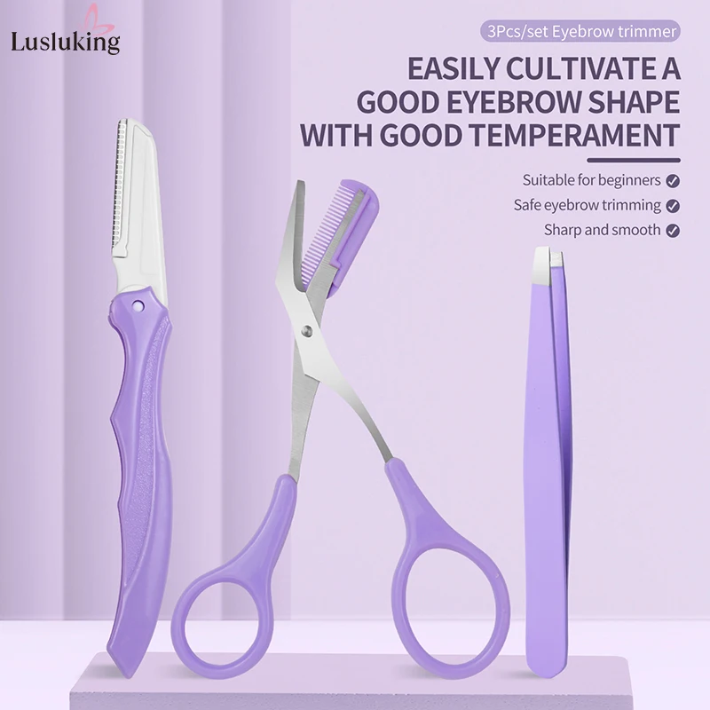 3 قطعة أداة العناية ببشرة الوجه مجموعة مقص تشذيب الحواجب مع مشط مدمج ملقط الحاجب أدوات التجميل ماكينة حلاقة الحاجب اللطيفة #3
