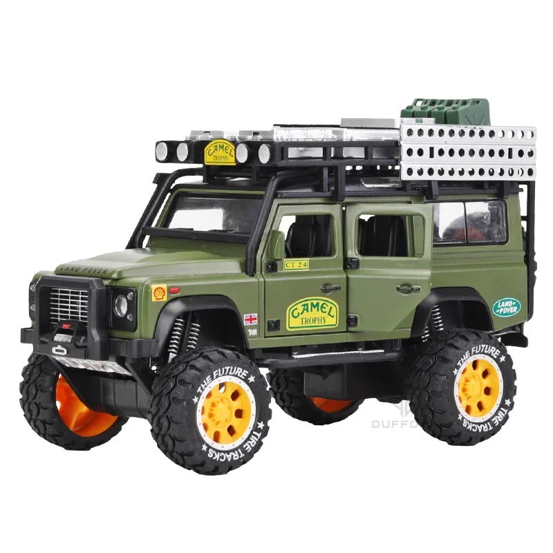 1:28 Land Rover Defender Toy Car Camel Trophy Alloy Diecast Pull Back Model Sound Light Metal Vehicles Children Gifts Collection