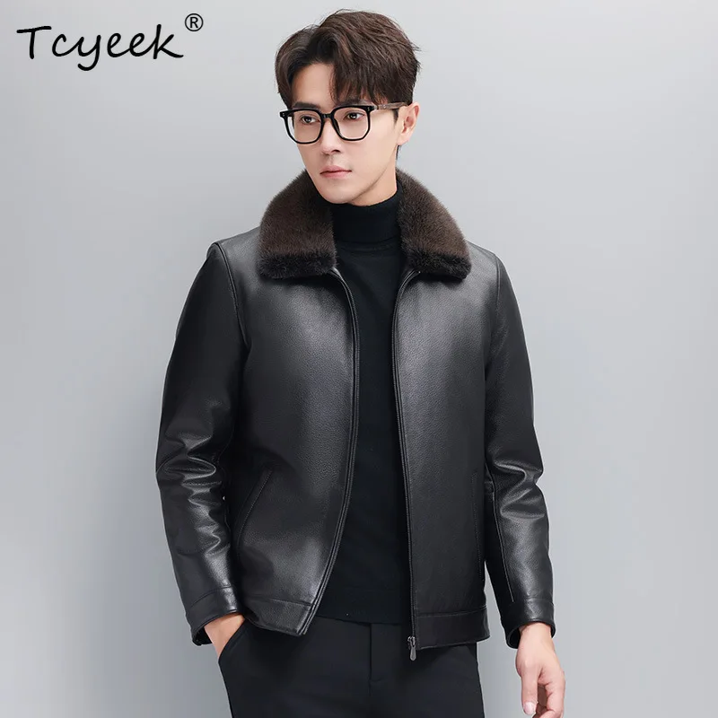 Tcyeek Top Layer Cowhide Real Leather Jacket Men Warm Goose Down Coat Winter Clothing Mink Fur Collar Men's Motocycle Jackets
