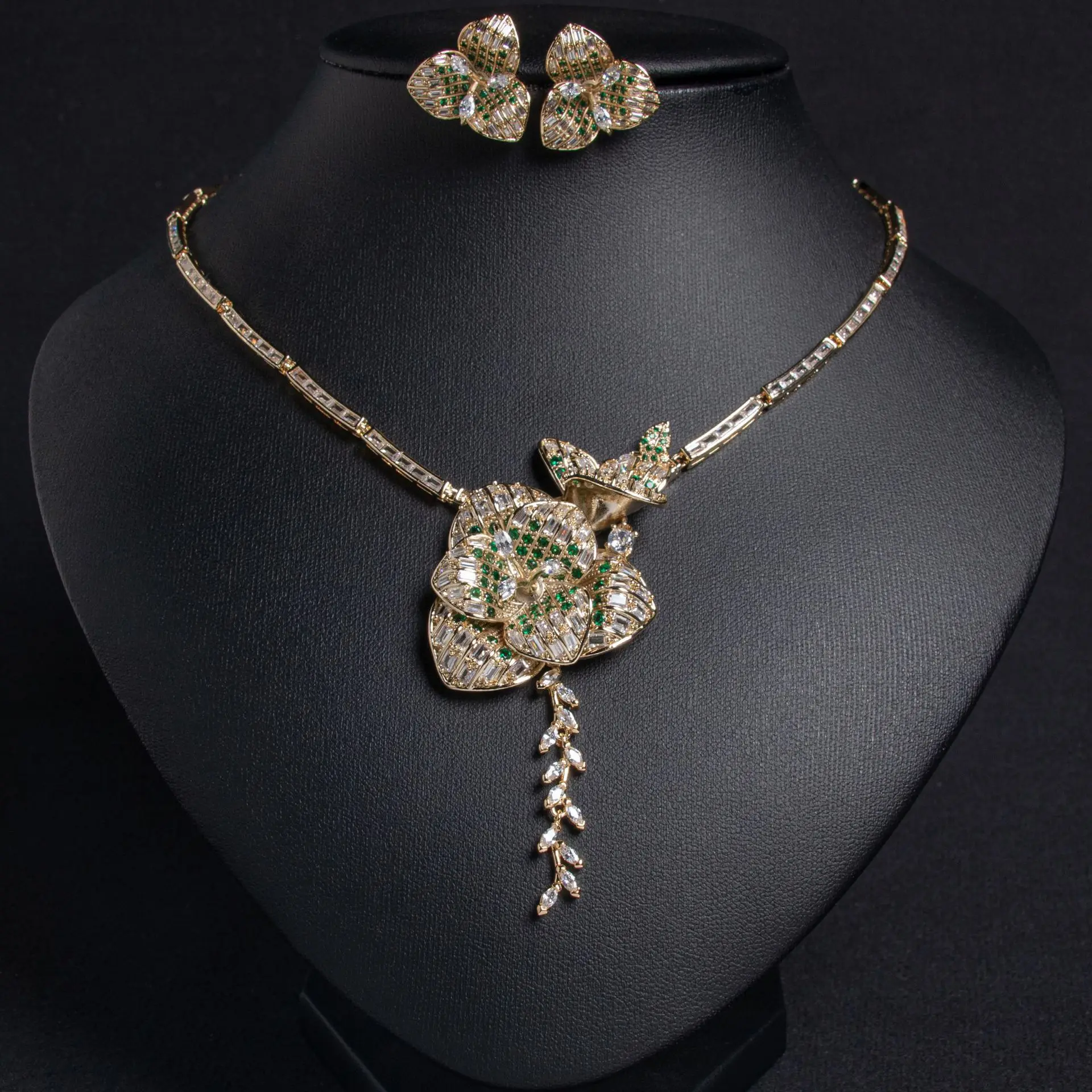 2 peças rosas com zircônia acessórios de joias colar feminino brincos conjunto deslumbrante para coquetel vestido de casamento festa M-102