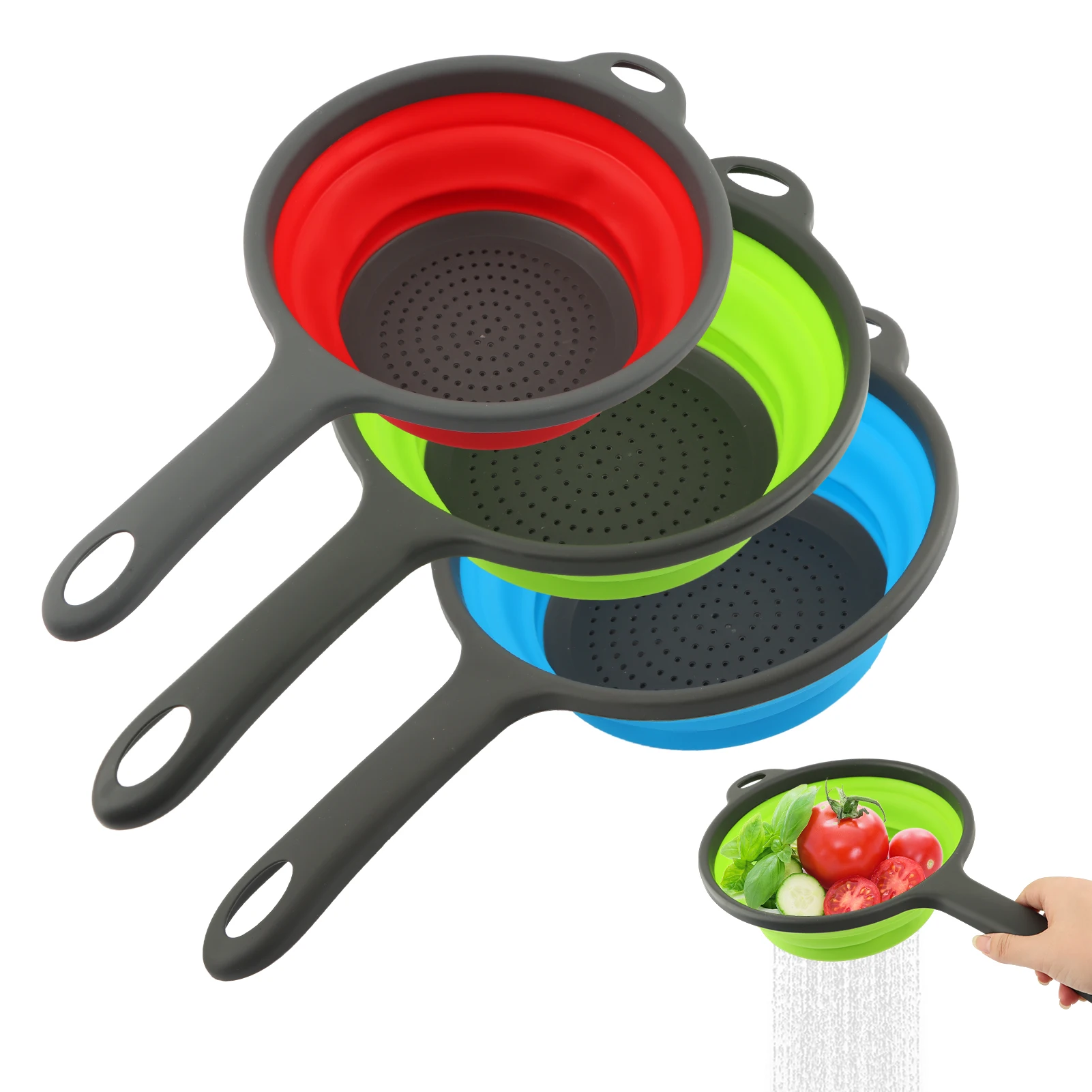 3pcs With Handles Vegetable Anti Slip Fruit Travel Comfortable Grip Collapsible Colander Washing Space Saving Multi Functional