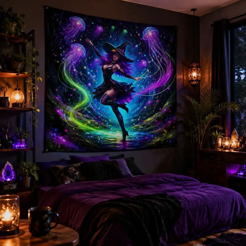 VIKAMA Neon Jellyfish Ocean Tapestry, Blacklight Wall Hanging, Psychedelic Blanket for Bedroom Dorm Party Decor