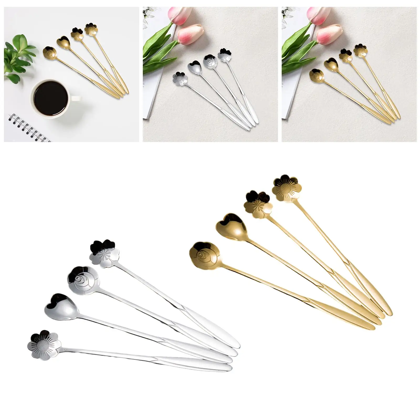 

4 Pieces Flower Spoon Set Cake Spoon Reusable Elegant Long Handle for Dining