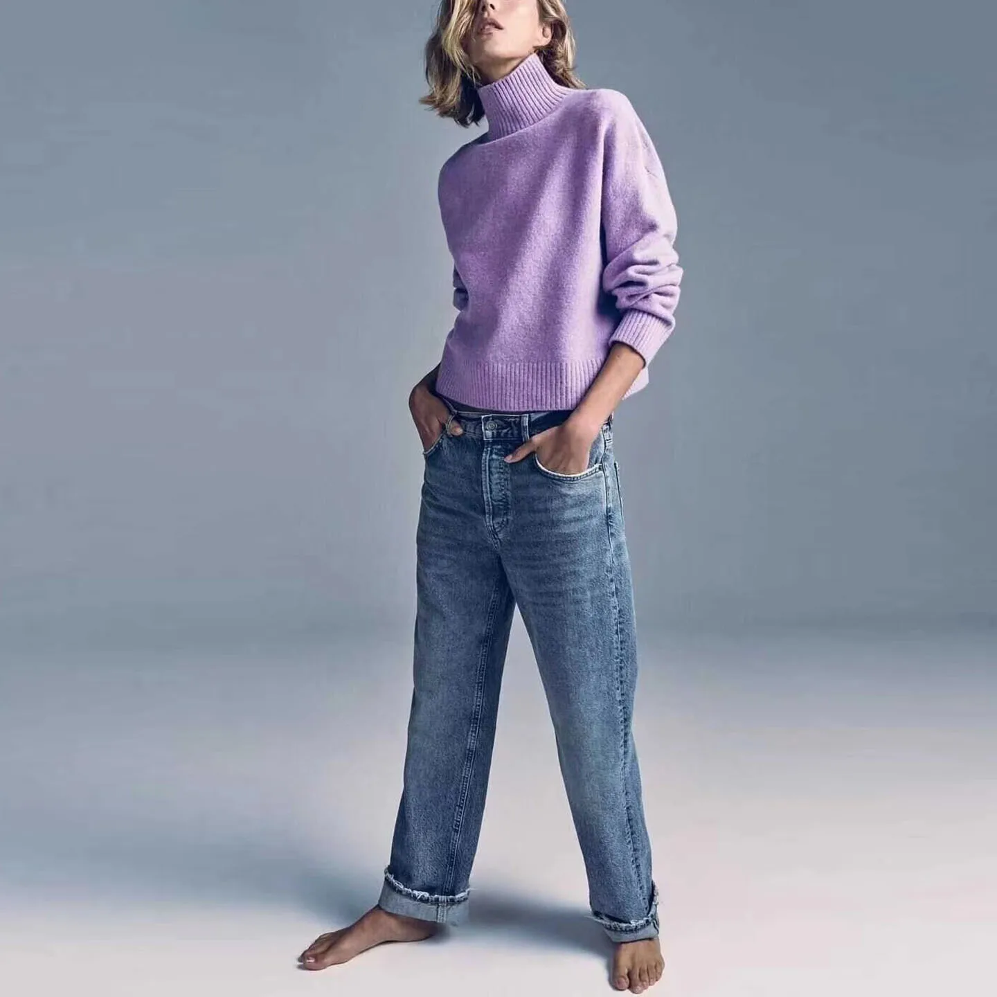 Suéter de Punto Suave y Moderno para Mujer, Cuello Alto, Manga Larga, Ajuste Cómodo, Z, Otoño 2025, Nueva Llegada 24287