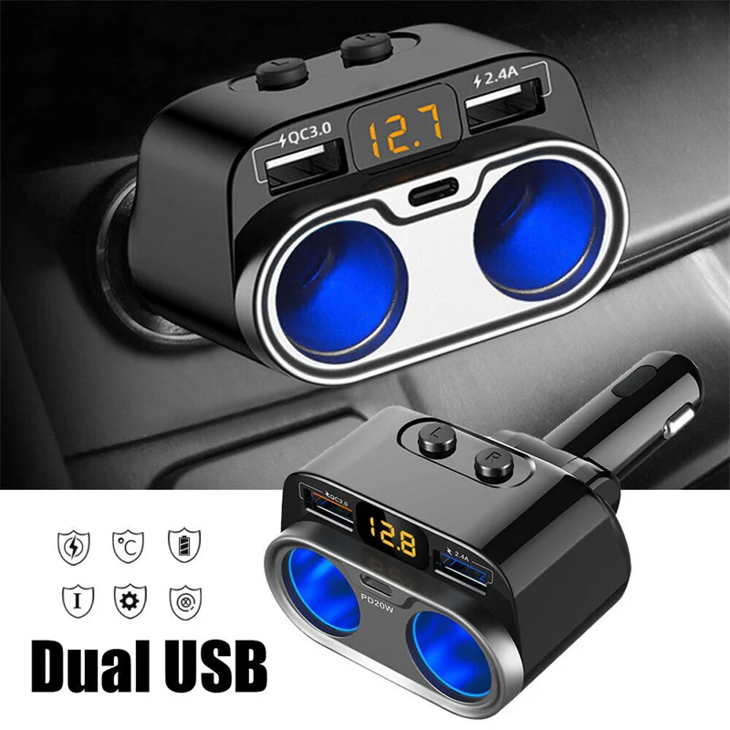 

Car Cigarette Lighter Socket Splitter QC3.0 Dual USB Fast Charge Type C PD20W Charger Independent Switch Power Adapter