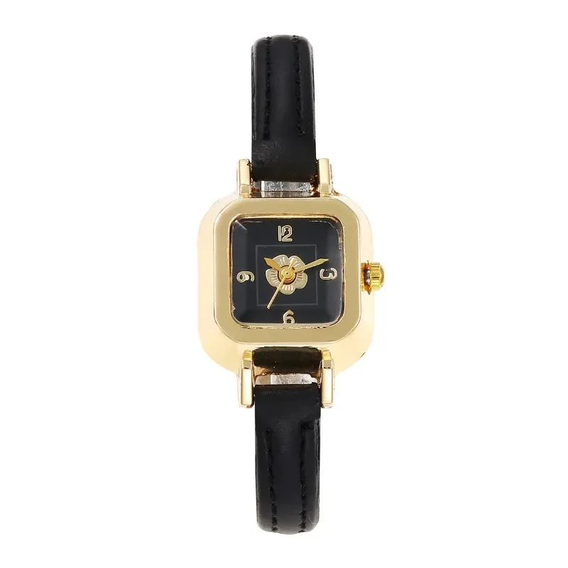 Fashion Flower Small Square Quartz Watch Women Vintage Leather Strap Quartz Wristwatches Female Retro Watches นาฬิกาข้อมือ