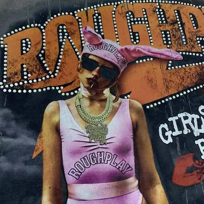 

Harajuku Rough Play War Ready CutOff Sleeves Fashion Hot Diamond Short Sleeved Men Women T Shirt