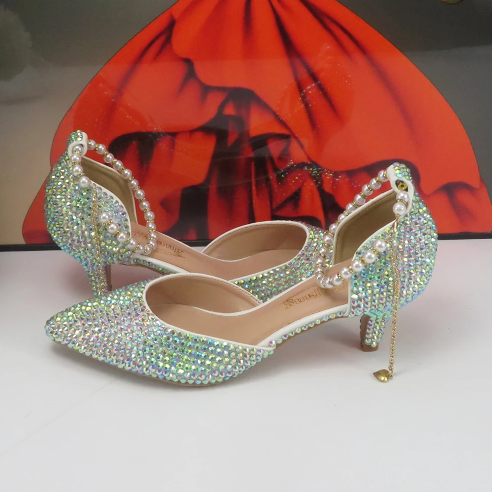 ¡Novedad de 2024! Zapatos de boda AB con diamantes de imitación y punta estrecha con perlas, zapatos de mujer poco profundos con correa en el tobillo y tacón fino