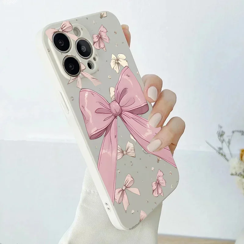 Cute Pink Bowknot Phone Case For iPhone 16 15 14 13 12 11 Pro Max Mini X XS XR SE 7 8 Plus Shockproof Non-Slip Soft Cover Fundas