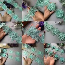 10Pcs/Lot Green Petal Flower Organza Embroidery Fabric Lace Patch Trim Clothes 3D Beading Flower Wedding Dress Diy Applique
