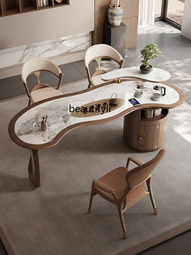 

LXSolid wood tea table modern simple office tea integrated new Chinese curved rock slab tea table
