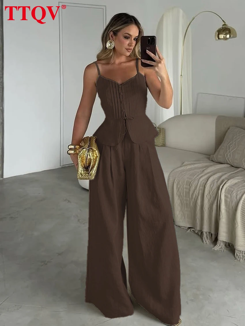 

TTQV Sexy Loose Brown 2 Piece Set Women Summer Sleeveless Tank Top With High Waist Wide Pants Set Female Clothing Streetwear