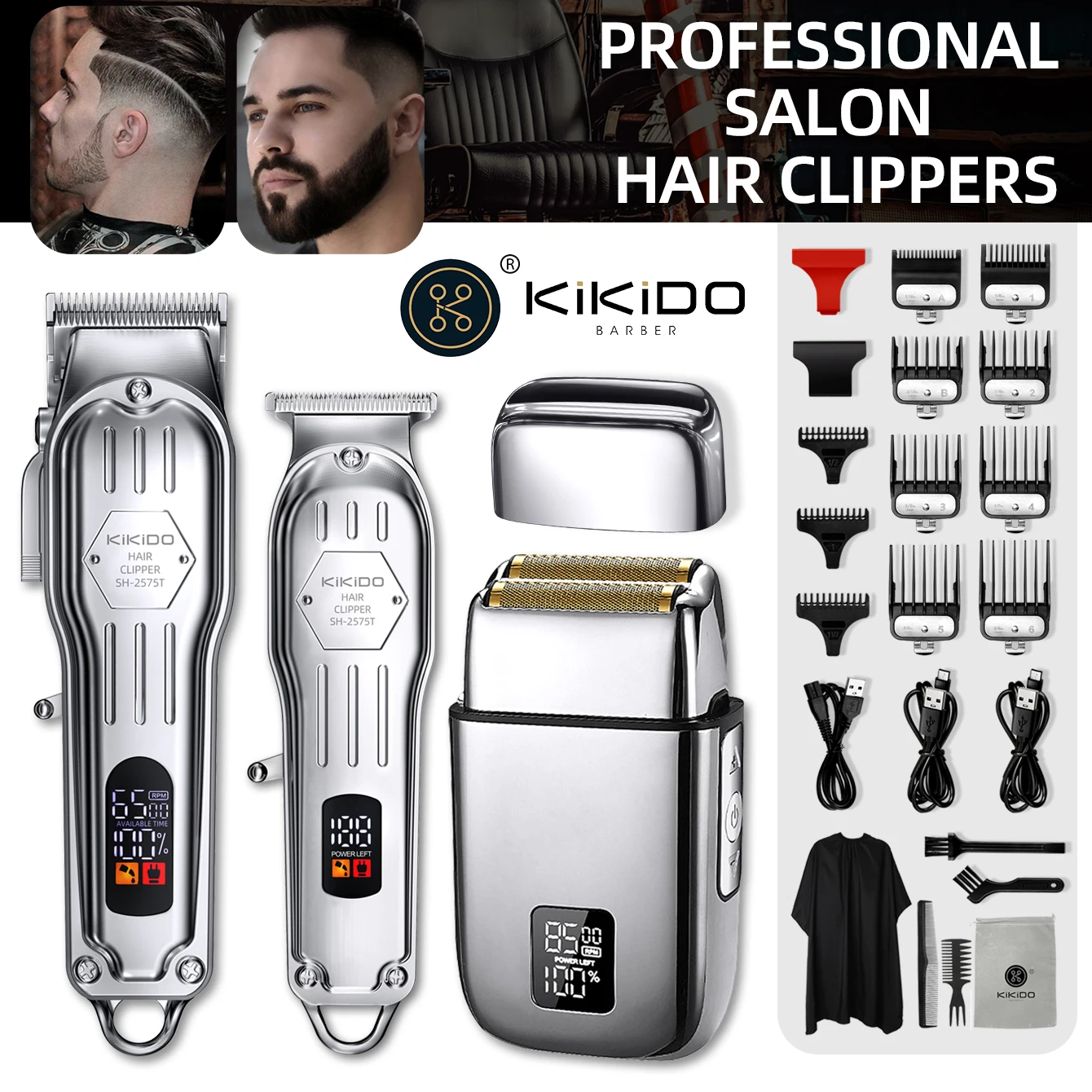 KIKIDO 3in1 Adjustable Cordless Hair Cutting Machine Full Metal Combo Kit Barber Hair Clipper Beard Shaver Kit for Men Gift2575T