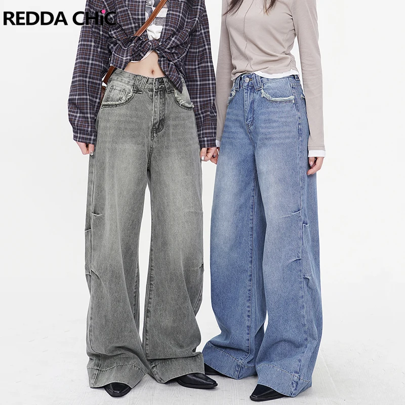 ReddaChic Vintage Wash Pleated Baggy Jeans Women High Waist Casual Wide Leg Brushed Denim Pants Y2k Trousers Korean Streetwear