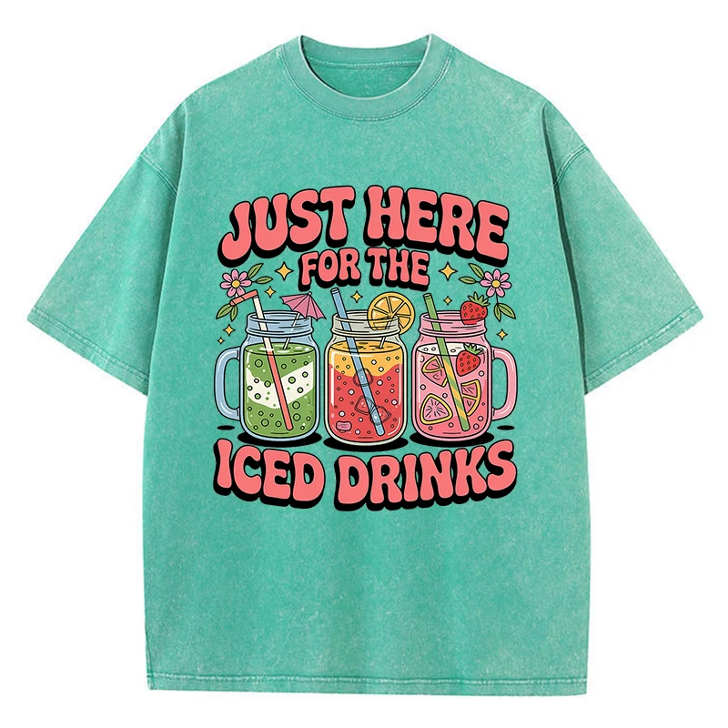 

Just Here For The Iced Drinks Prints Washed T-Shirt Women Cotton Oversized Tops Casual O-Neck Distressed T Shirt Summer Clothes