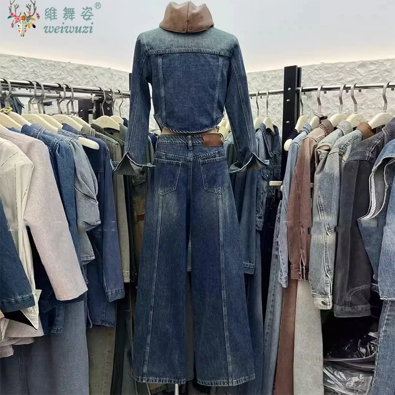 Winter Frauen Denim Hose Sets Vintage Lange Ärmeln Slim Fit Kurze Denim Jacke Top + Hohe Taille Breite bein Jeans y2k Kausalen Outfits