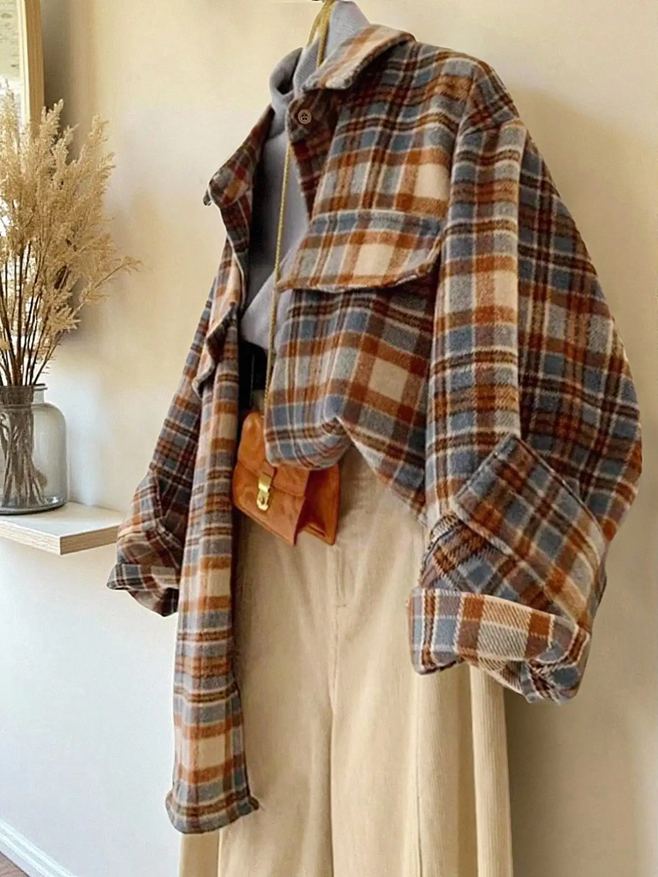 Giacca Casual da Donna a Quadri, Vestibilità Ampia, Cappotto Monopetto a Maniche Lunghe per Autunno e Inverno