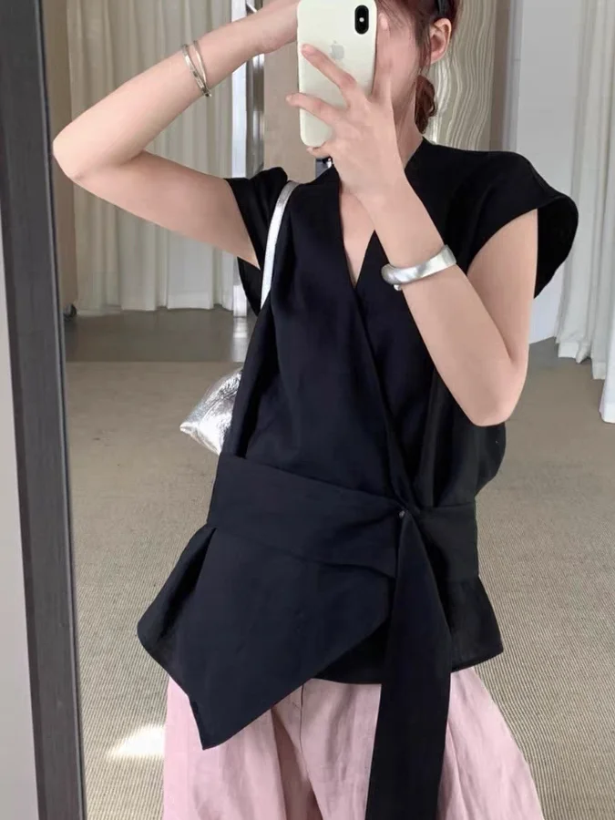 เสื้อกั๊กผ้าลินินสำหรับผู้หญิง ไซส์เล็ก ทรงหลวม ดีไซน์เข้ารูป ปรับเข็มขัดเอวได้ คอวี เหมาะสำหรับเดินทาง ทันสมัย สวมใส่สบาย ระบายอากาศได้ดี