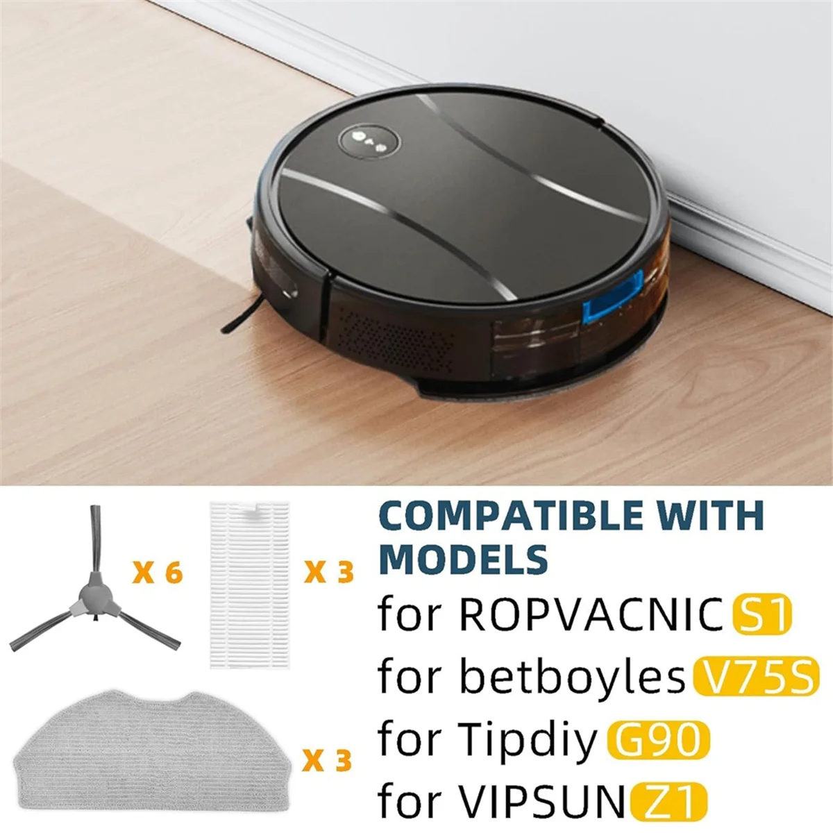 BISM Accessories Kit for ROPVACNIC S1, for Tipdiy G90, for Betboyles V75S, for VIPSUN Z1 Robot Vacuum Replacement Parts