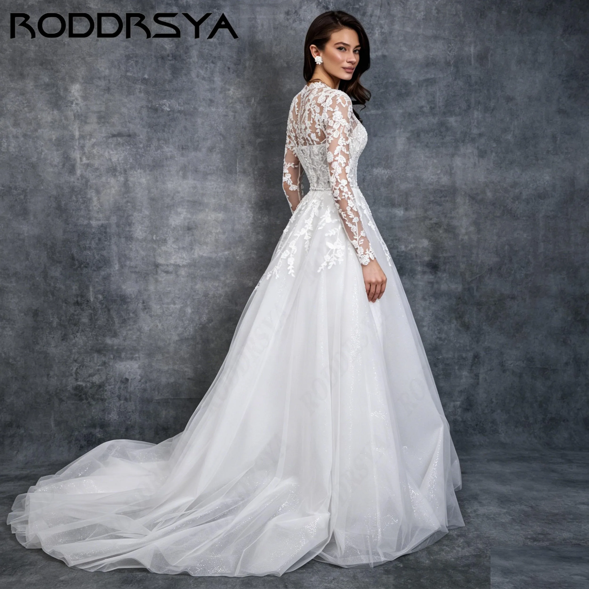 RODDRSYA Floral Appliques Glitter Tulle Wedding Dress Illusion O-Neck Bridal Gown Romantic A Line vestido de novia Customized