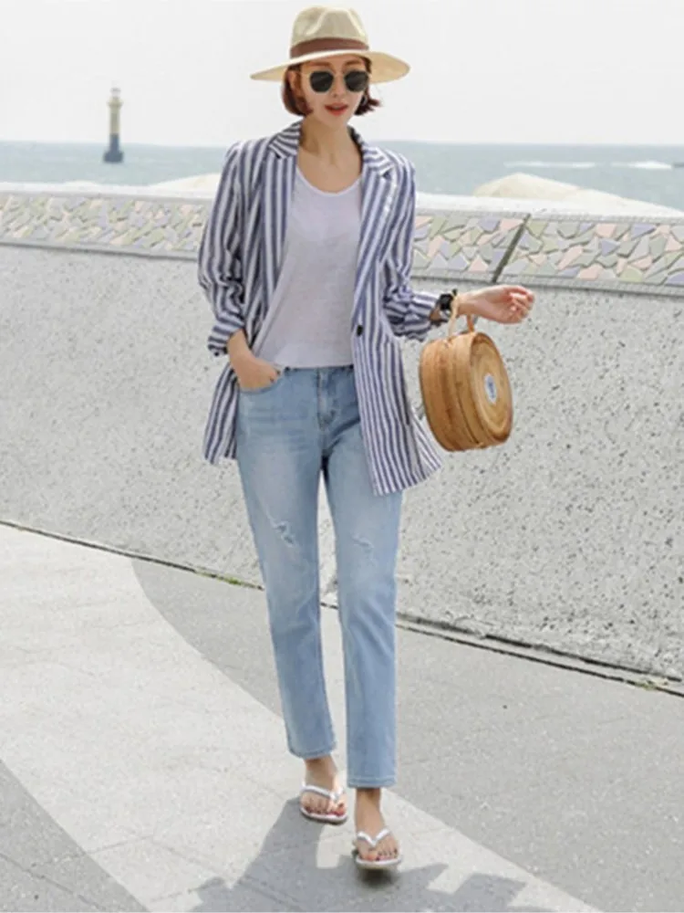 Slim Striped One Button Suit Jacket For Women's 2024 New Korean Version Of Artistic Cotton And Linen Retro Casual Small Suit