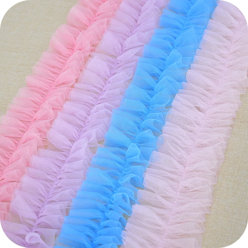 Pleated Fold Mesh Lace Ribbon Trims, Tulle Sewing, DIY Crafts, Baby Dress Garment, Ruffle, Princess Cake Skirt, White, Pink