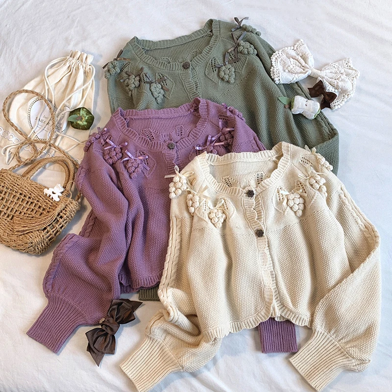 Vintage Knitted Cardigans Women Grape Embroidery Long Sleeve Bows Decoration Cute Sweaters for Sweet Girls