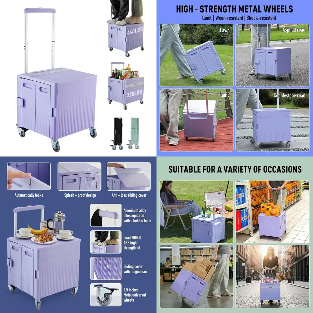 

Складная тележка на колесиках с крышкой, фиолетовая, для продуктов, покупок, офиса и хранения