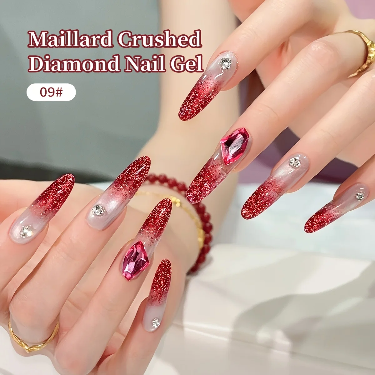 Gel per unghie con diamante schiacciato Maillard da 9 pezzi - Smalto gel glitterato da nudo a rosso scintillante per nail art, Soak Off UV LED Nail Gel Salon