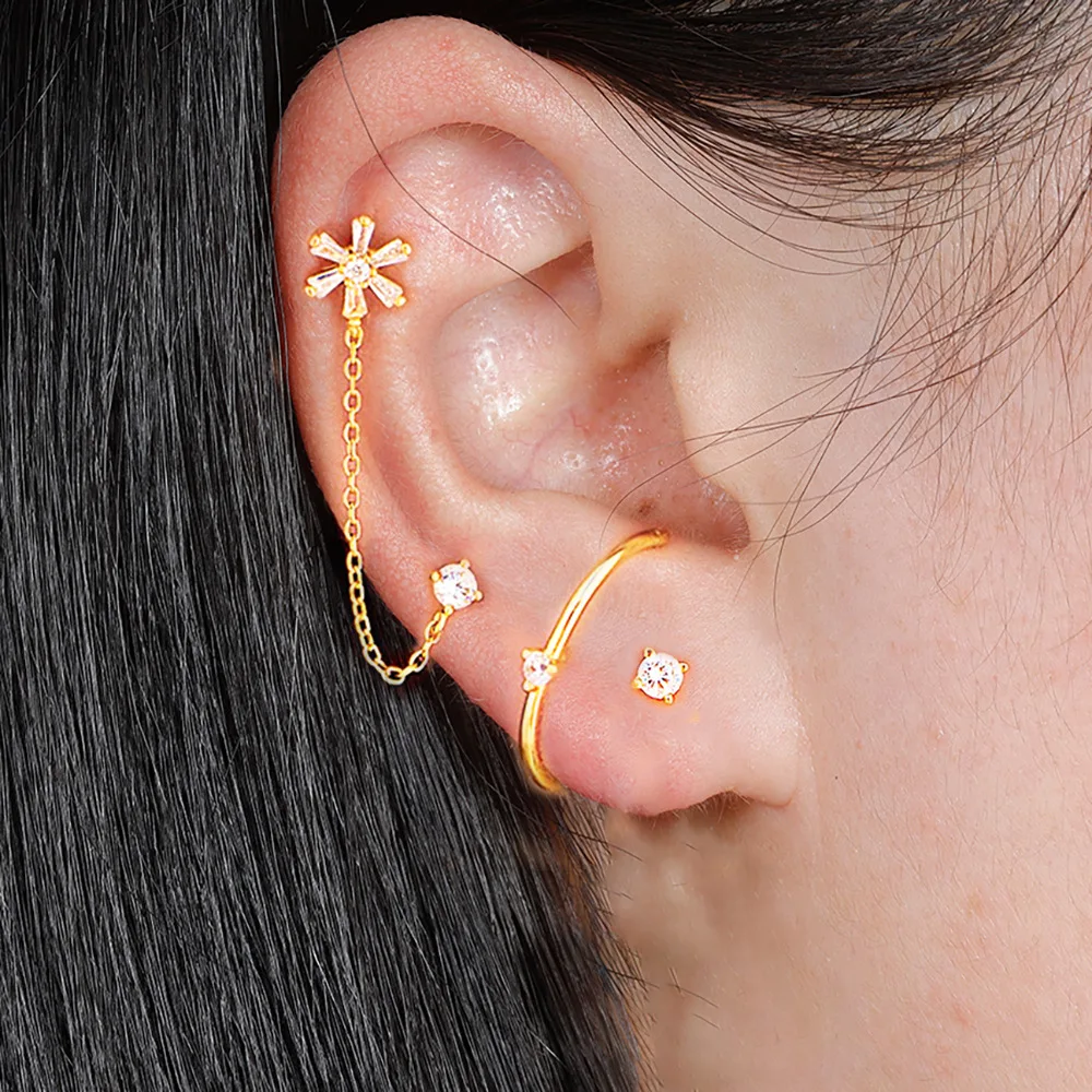 3PCS Gold Color Double Holes Chain Hoop Earrings Set for Women Stainless Steel Crystal Tassel Earrings Wedding Jewelry Gift 2024
