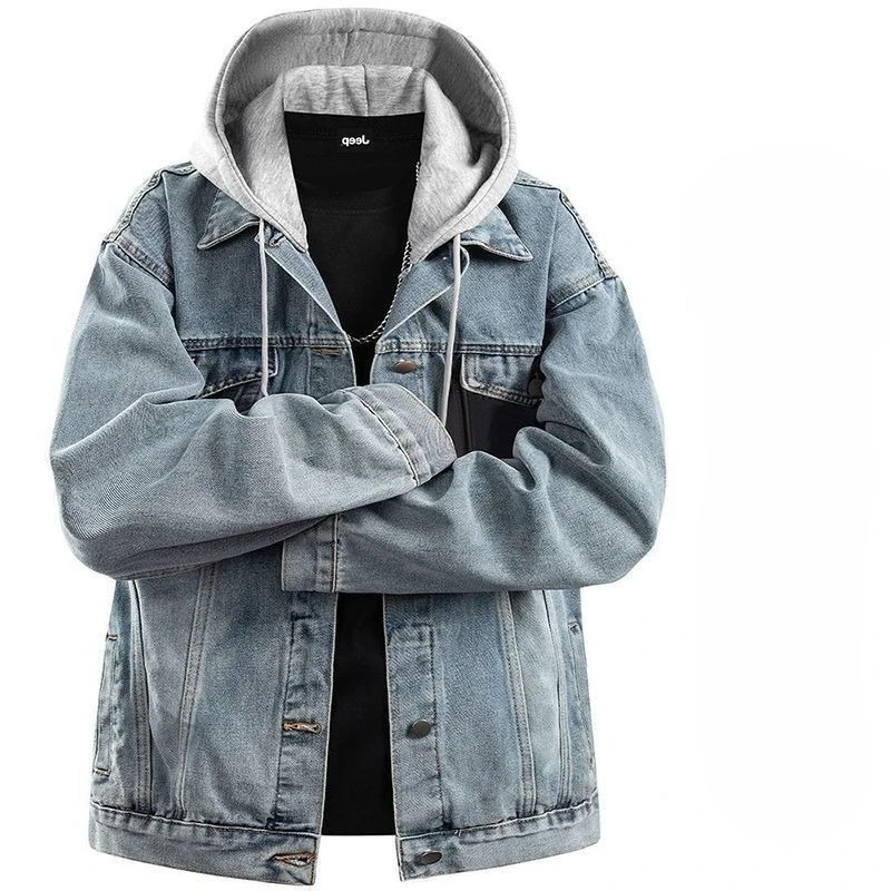 Immagine 4: Giacca di jeans con cappuccio da uomo, primavera autunno 2026, cappotto casual ampio effetto due pezzi, versatile streetwear, giacca trucker da uomo