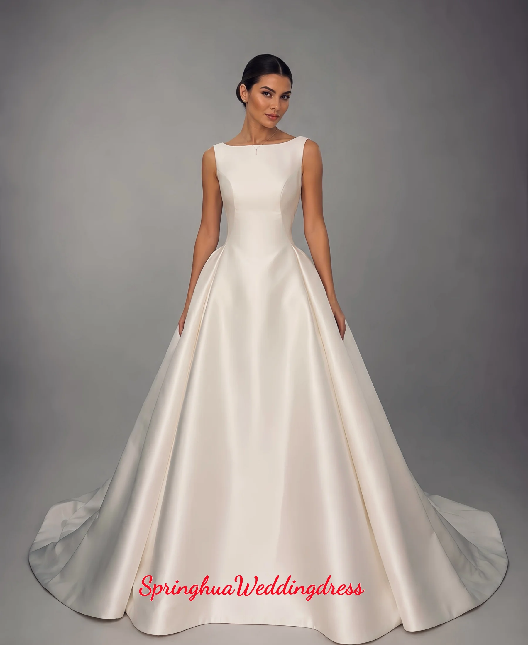 Customized Boat Neck Sleeveless Satin Wedding Dress Slim Waist Belt A‑Line Long Train Floor‑Length Bridal Gown Vestidos De Novia