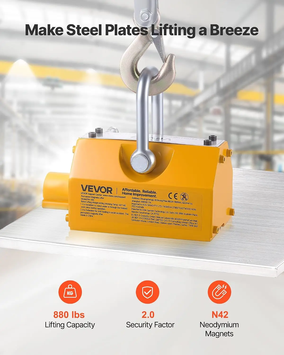 Permanent Magnetic Lifter, 880 lbs Pulling Capacity, Heavy Duty N42 Neodymium Lifting Magnet with Release Handle and Steel Hook,