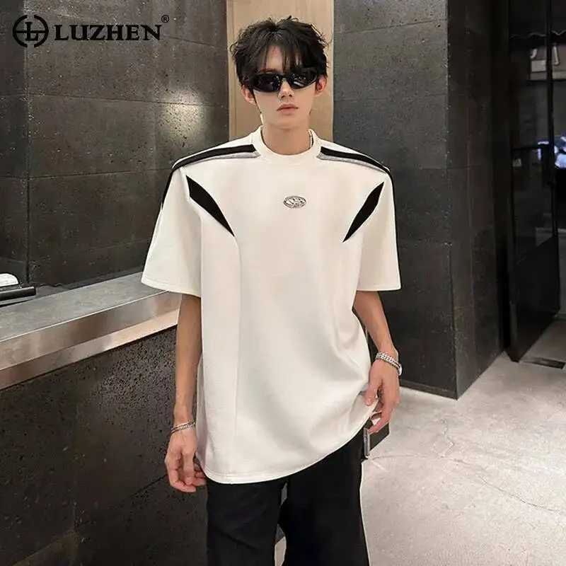 LUZHEN 2026 Summer Color Contrast Patchwork Shoulder Pad Short Sleeve T-shirts Men's Fashion Handsome Korean Casual Tops JY7774