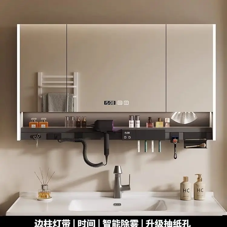 Deluxe Multifunctional Smart Bathroom Mirror Cabinet with Light Hair Dryer Cosmetic Rack
